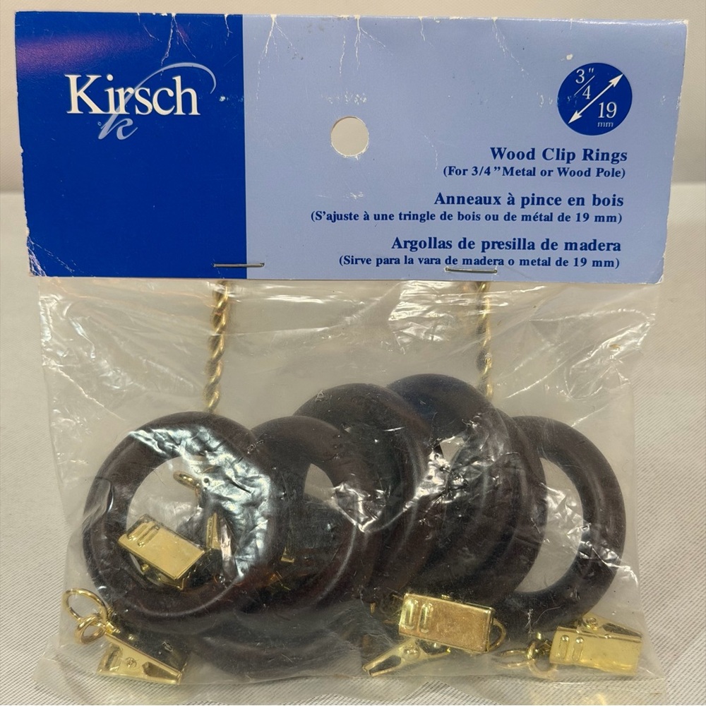 Vintage Kirsch Wood Curtain Rings 3/4 Inch Rod 7 Piece Gold Tone Clips